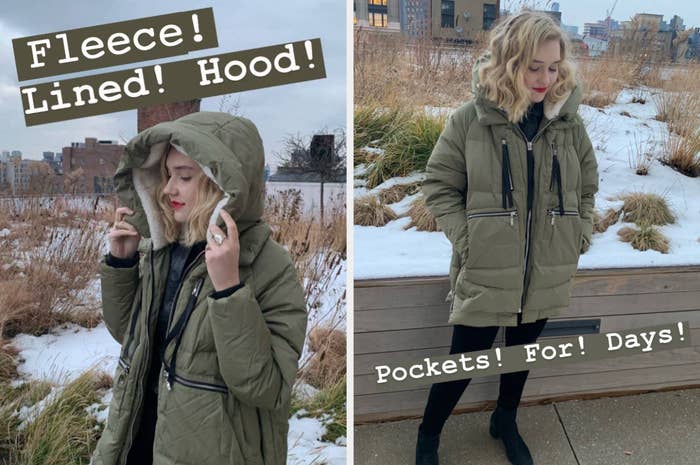 The author showing the fleece-lined hood and number of pockets, while standing on a snowy deck