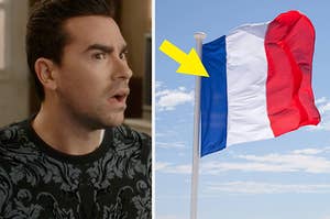 david from schitt's creek looking confused on the left and a flag with a blue, white, and red vertical stripe on the right