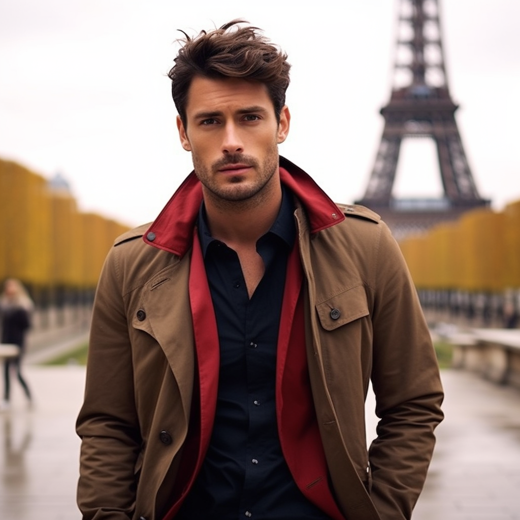 A brunette man with some facial hair standing in front of the Eiffel Tower