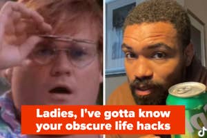 A split thumbnail, with two images - one showing a man lifting his sunglasses in shock and one showing a man with a soda can