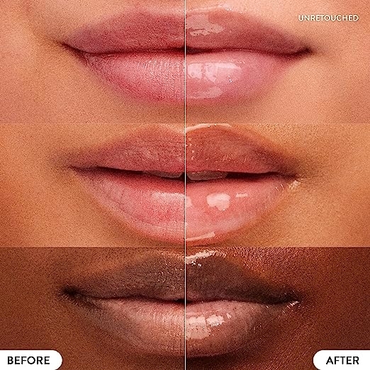 before and after of three models with different skin tones using the lip mask