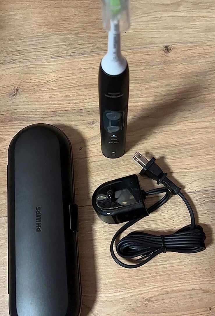 The brush, its charger, and its travel case