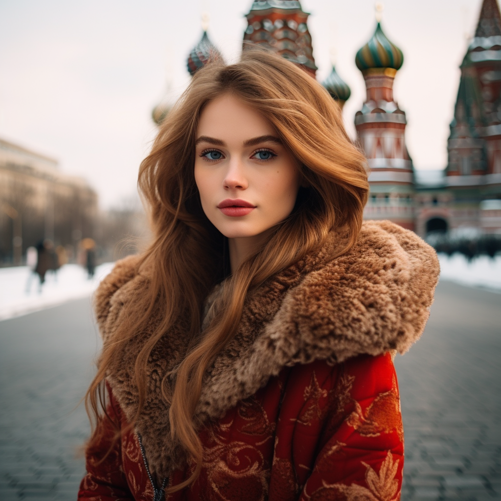 A woman with long, light brunette hair in a red jacket with a fur collar and hood, with a Muscovite building behind her