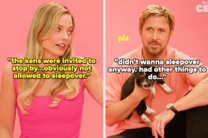 Margot Robbie and Ryan Gosling playing with puppies