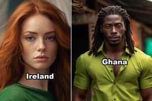 Side-by-side of a woman with red hair and a main with braids in a green shirt