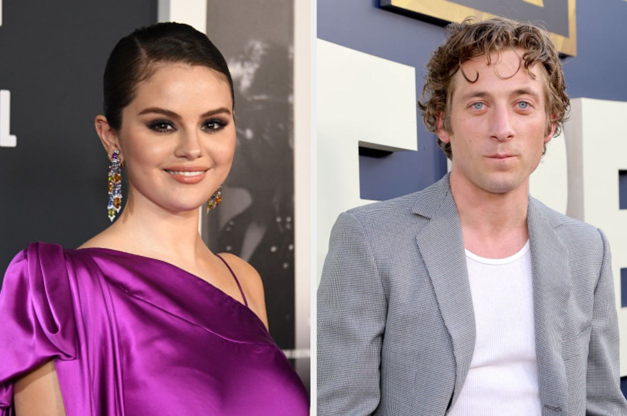 Selena Gomez at a media event on the left and Jeremy Allen White at a media event on the right