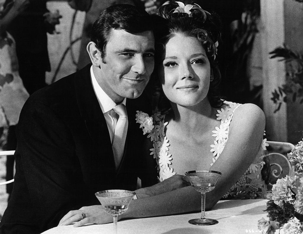 George Lazenby and Diana Rigg as happy newlyweds in a scene from the film &#x27;On Her Majesty&#x27;s Secret Service&#x27;