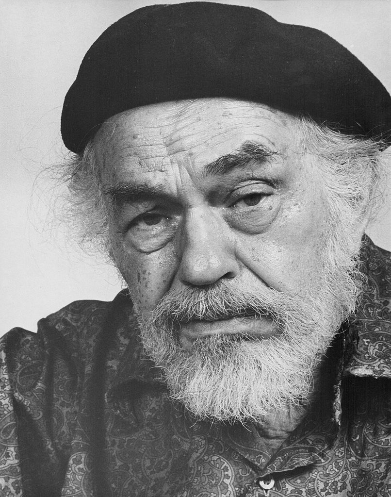 Robinson in a promotional photo for soylent green wearing a beret with wirey hair and a beard