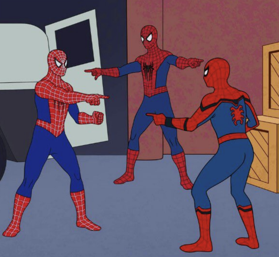 the spider-men pointing at each other