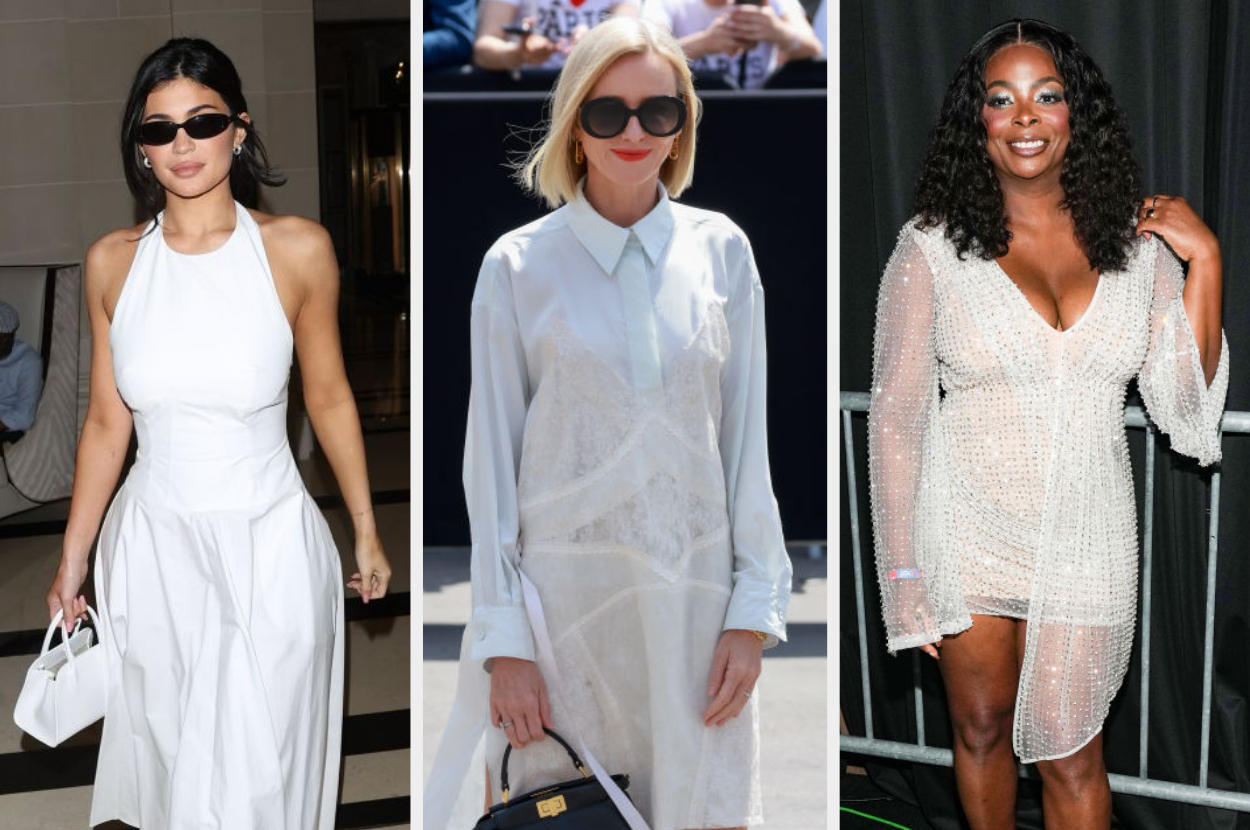 3 different celebs wearing white dresses
