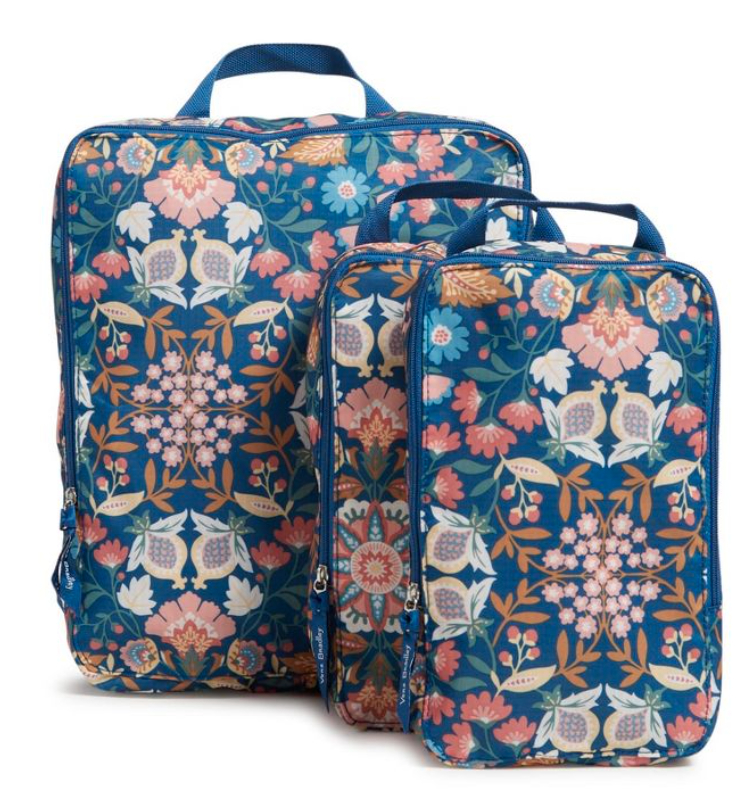three packing cubes with an enchanted mandala blue pattern from Vera Bradley
