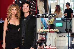 Debby Ryan and Josh Dun on the left; their "The Rock" statue on the right