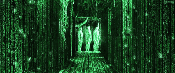 Three men stand at the end of a hall in &quot;Matrix&quot; code