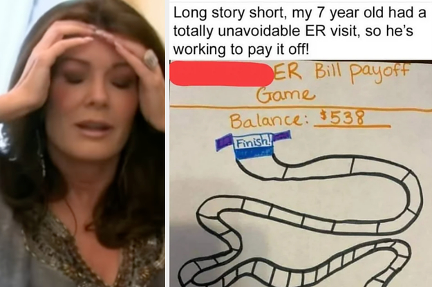 distraught woman with her hands on her head next to a post of parents making their 7-year-old pay them for going to the ER