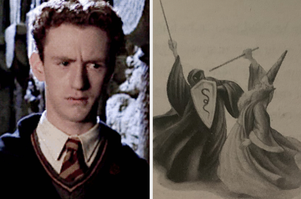 Percy Weasley in the movies and an illustration of Voldemort and Dumbledore