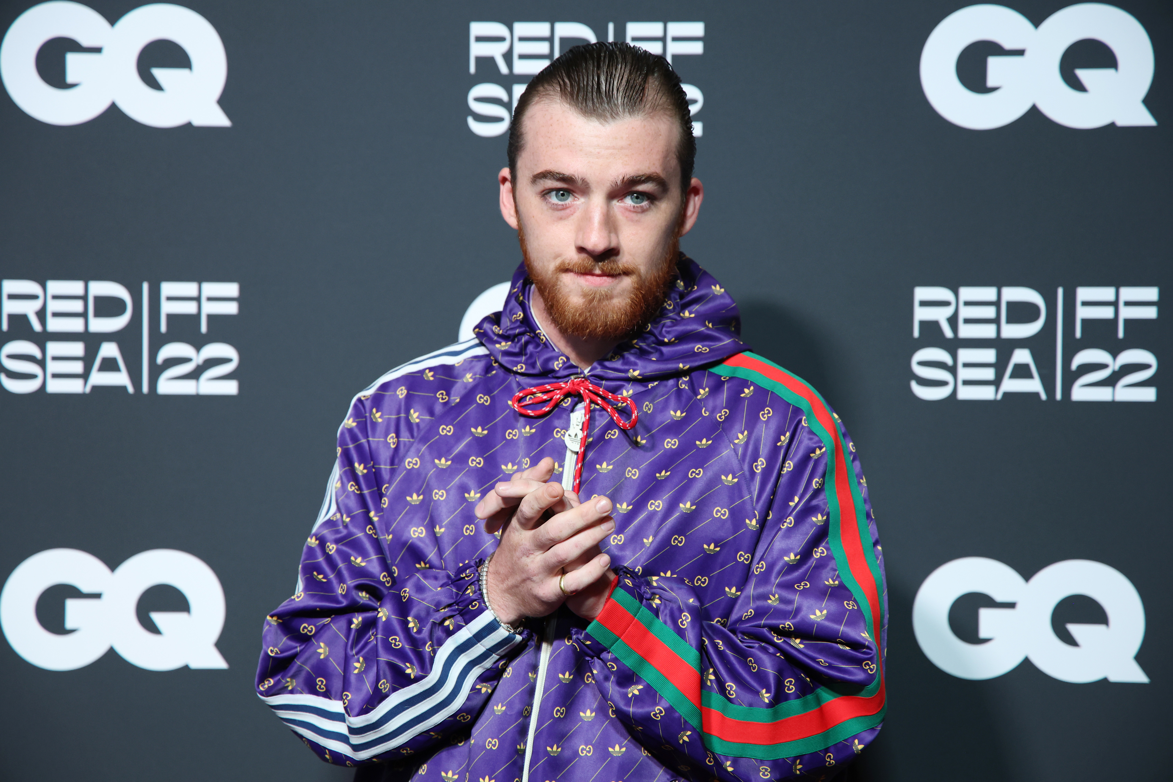 Close-up of Angus at a press event