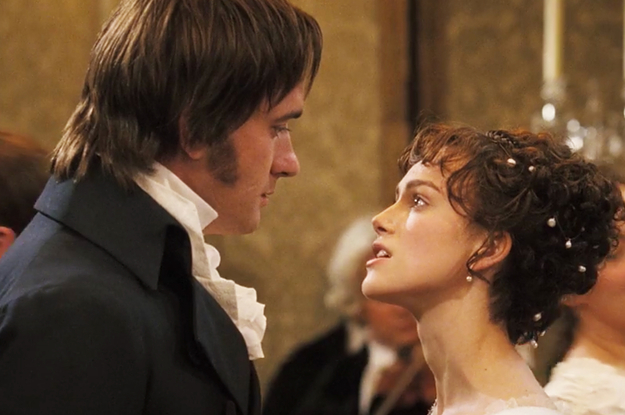 Matthew Mcfadyen and Keira Knightley staring into each other's eyes as Darcy and Elizabeth in Pride and Prejudice