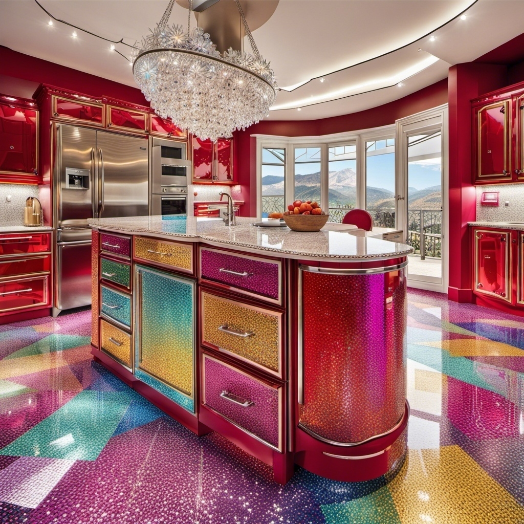 Colorful, modern kitchen with steel appliances, large island, and large, ornate chandelier