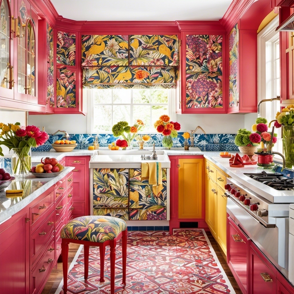 Small kitchen with a colorful rug and stool, ornate print on cabinets, and many flowers