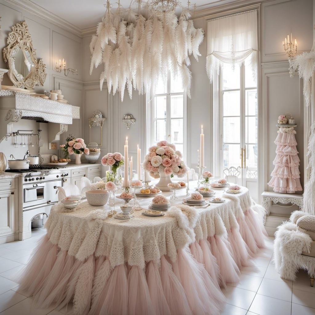 Light pink and white kitchen with a large, drappy chandelier and large island with a tiered skirt cover, place settings, and many flowers