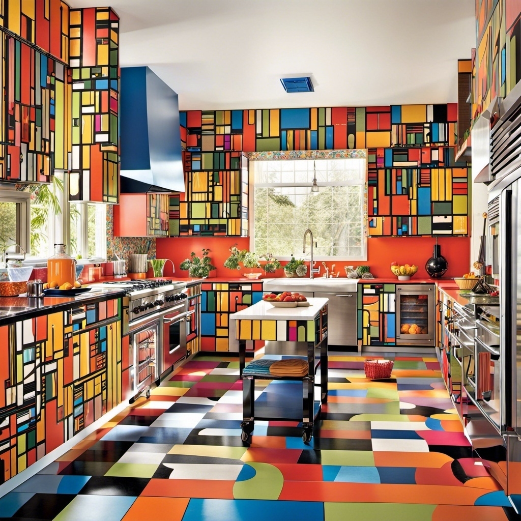 Colorful, modern kitchen with colorblock paneling and tile flooring and tiny island