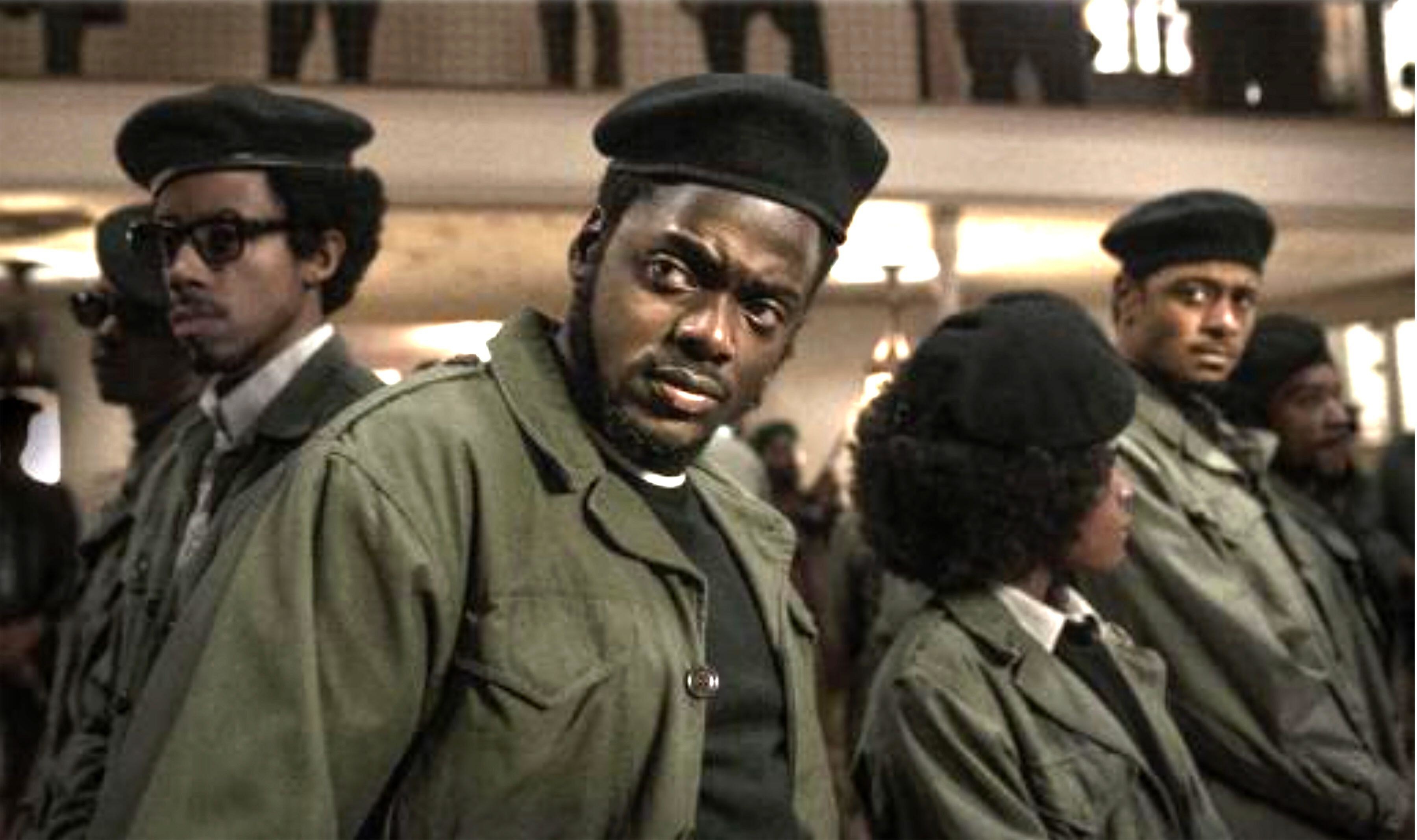Daniel Kaluuya stares at a crowd as Fred Hampton in “Judas and the Black Messiah”