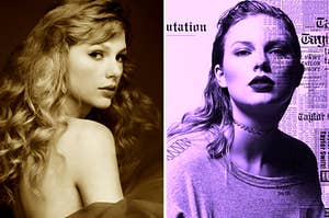 Taylor Swift's "Speak Now TV" album cover in a sepia tone next to a separate image of "reputation" in a pink tone.