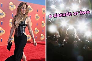 On the left, Jennifer Lopez walking down the red carpet, and on the right, photographers taking pictures labeled a decade or two