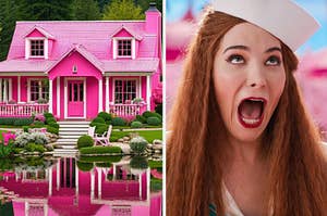 Pink cottage Barbie Dreamhouse looking over a pond next to a separate image of a Barbie played by Hari Nef looking at the sky and yelling