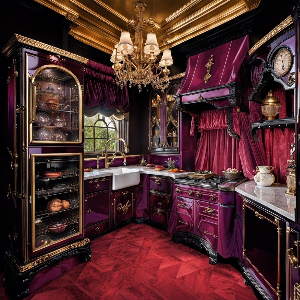 A small kitchen with deep red and purple appliances, velvety curtains, and small, ornate chandelier