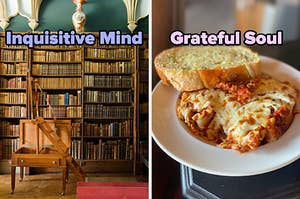 On the left, a library with several shelves labeled Inquisitive Mind, and on the right, some lasagna with a piece of garlic bread next to it labeled Grateful Soul