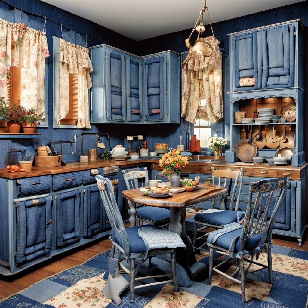 Blue kitchen with blue patchwork rug, small wood island with denim padded seats, and denim cupboards