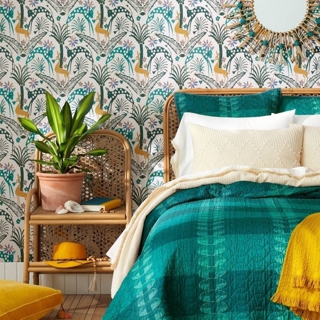 The wallpaper is shown in a bedroom