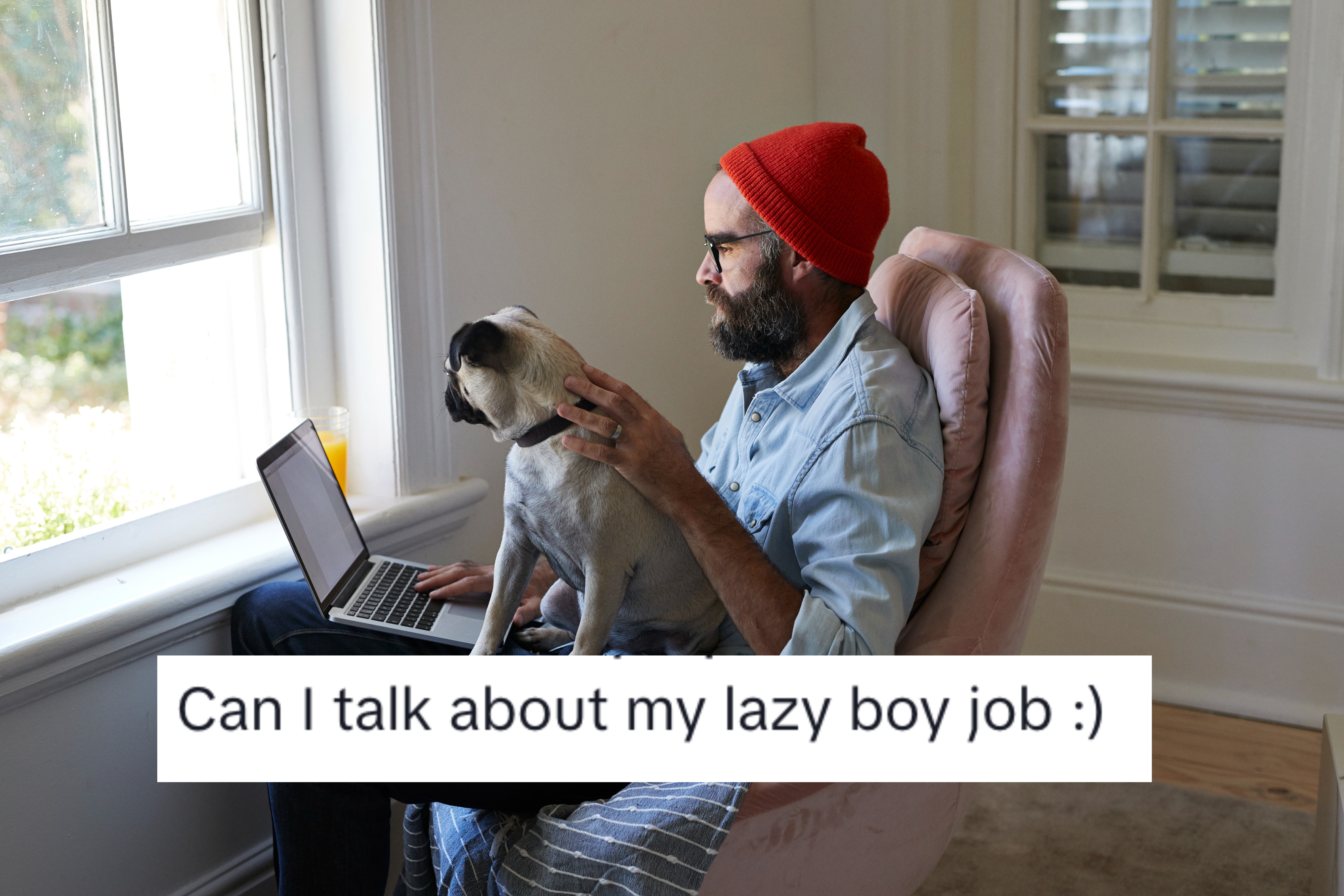 man working from home with his dog in his lap with a tiktok comment saying can I talk about my lazy boy job
