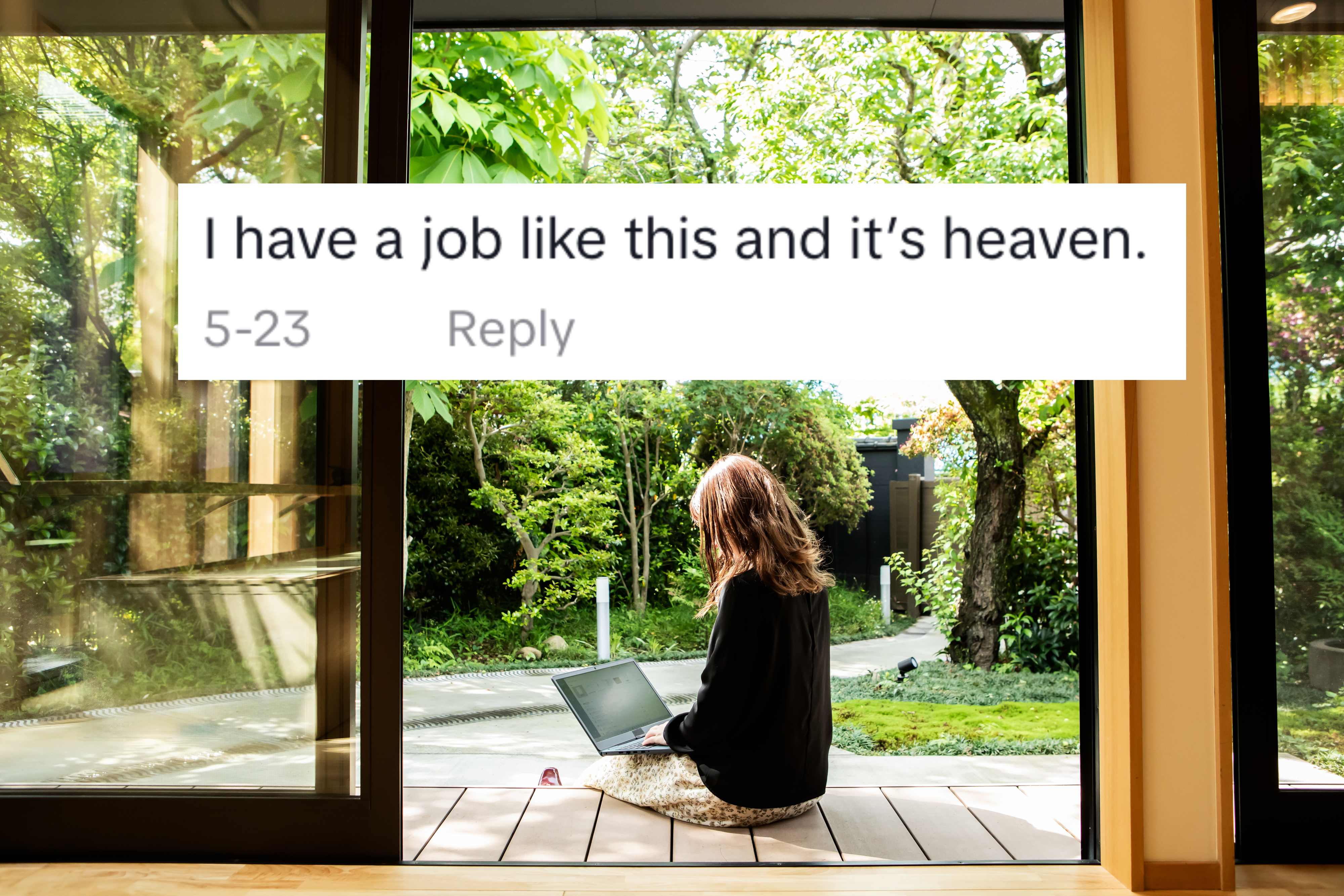 woman working remotely from her backyard overlaid with a tiktok comment that says I have a job like this and it&#x27;s heaven