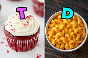 On the left, a red velvet cupcake labeled T, and on the right, a bowl of mac and cheese labeled D