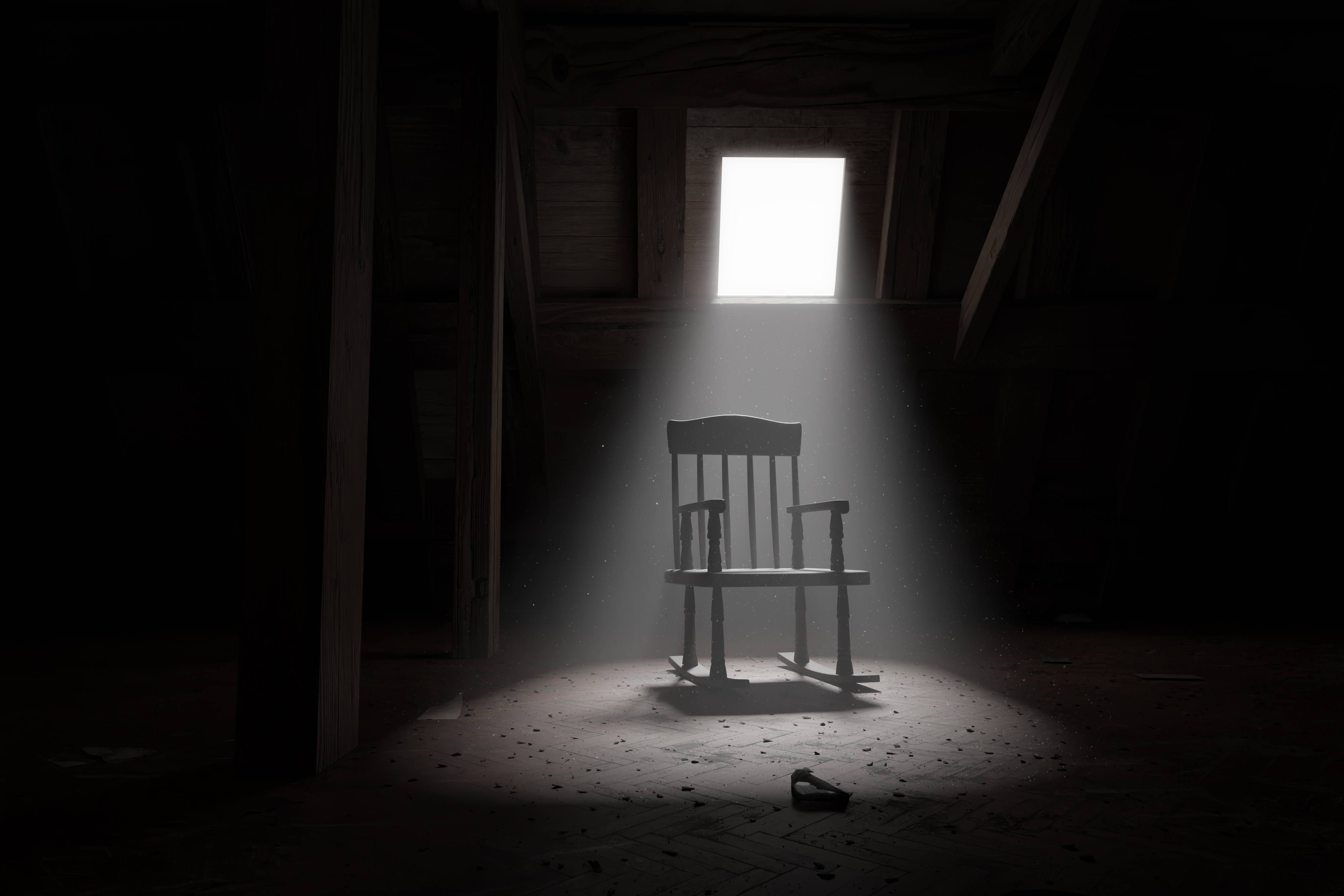 Rocking chair in a dark attic room