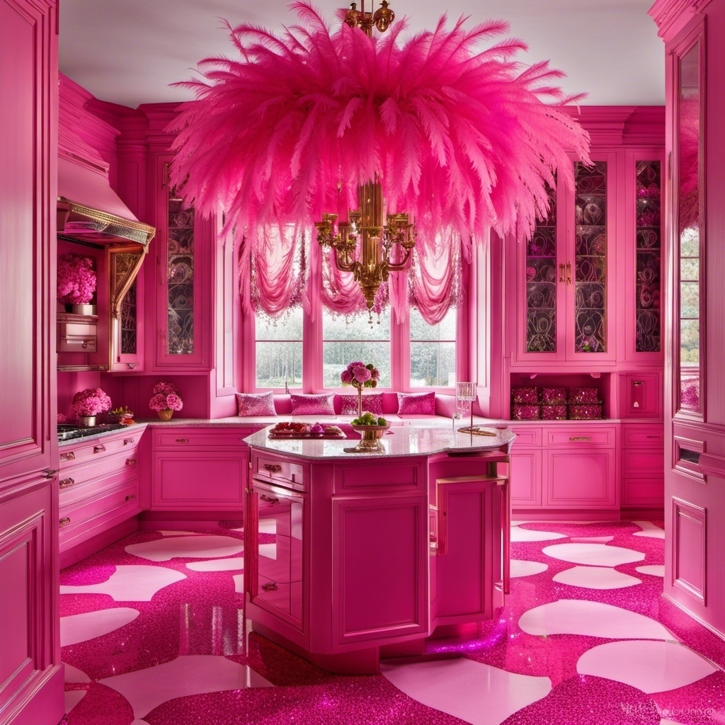 A huge fluffy chandelier in a hot pink kitchen with lots of flowers and a small island