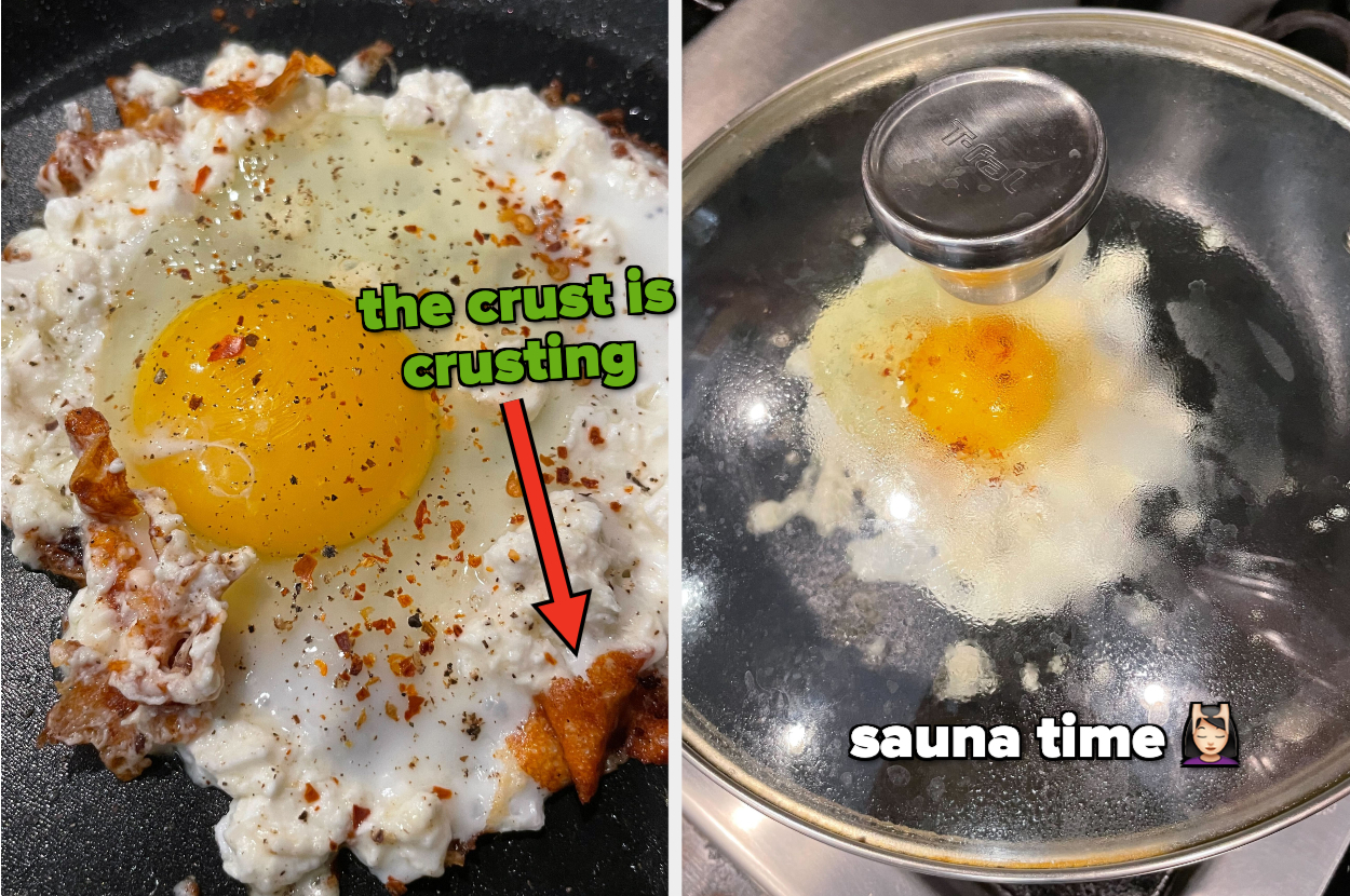 The left image is an egg cooking in a pan with the text, &quot;the crust is crusting.&quot; The right image is a covered egg, still cooking, with the text, &quot;sauna time&quot;