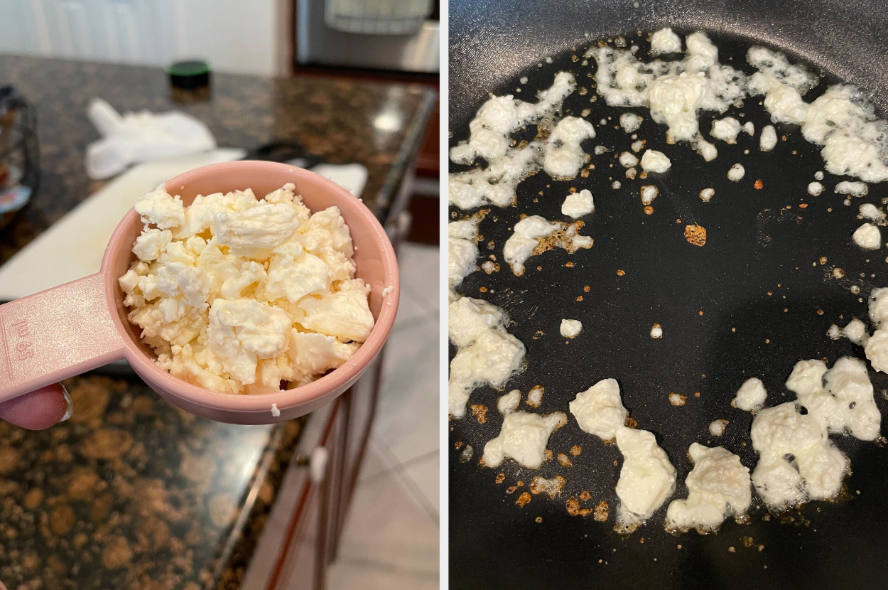 1/4 cup of feta cheese is scattered around a pan