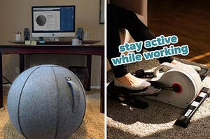 reviewer's sitting ball in front of a desk / model pedaling on elliptical while sitting on couch