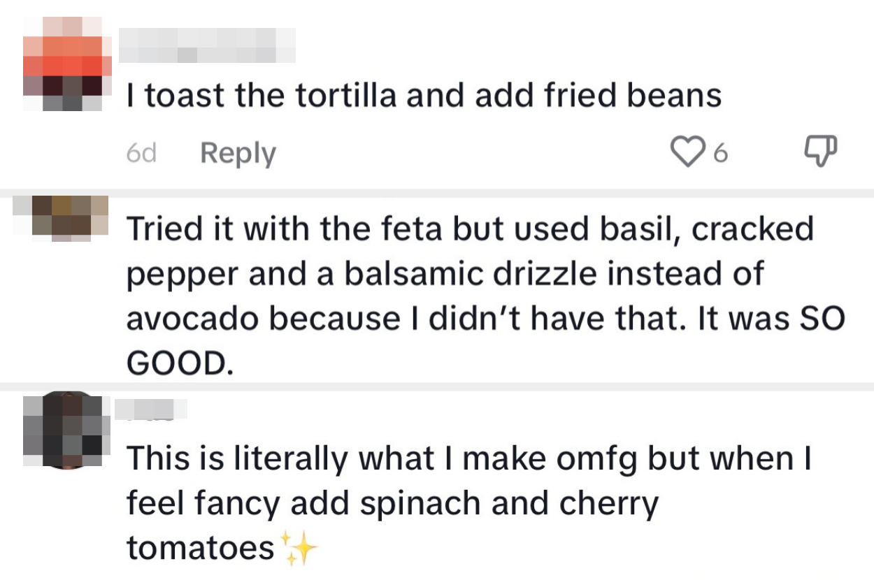 three separate comments from tiktokers about the feta fried eggs