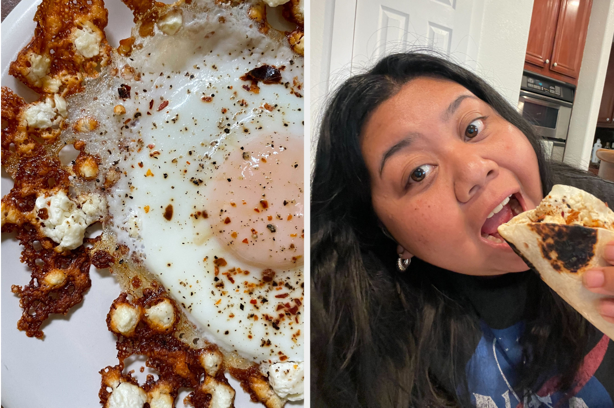 author biting into feta fried eggs in a tortilla