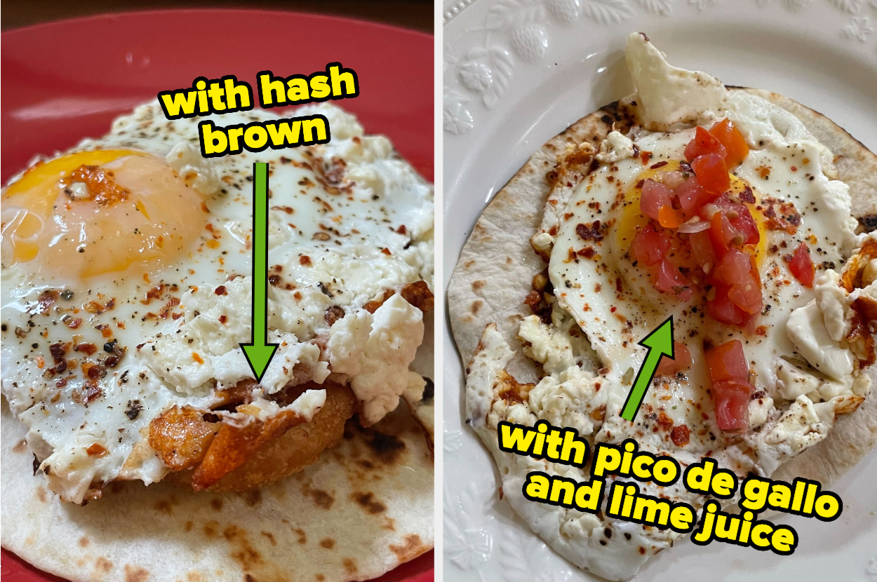 The left image shows a variation of the feta-fried egg taco but with a hash brown. The right side shows the egg with pico de gallo and lime juice