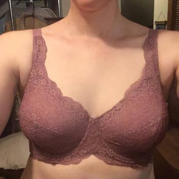 a reviewer wearing the bra in mauve