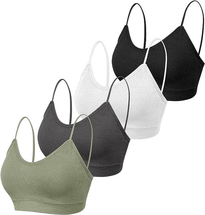 the black, white, dark gray and green bras