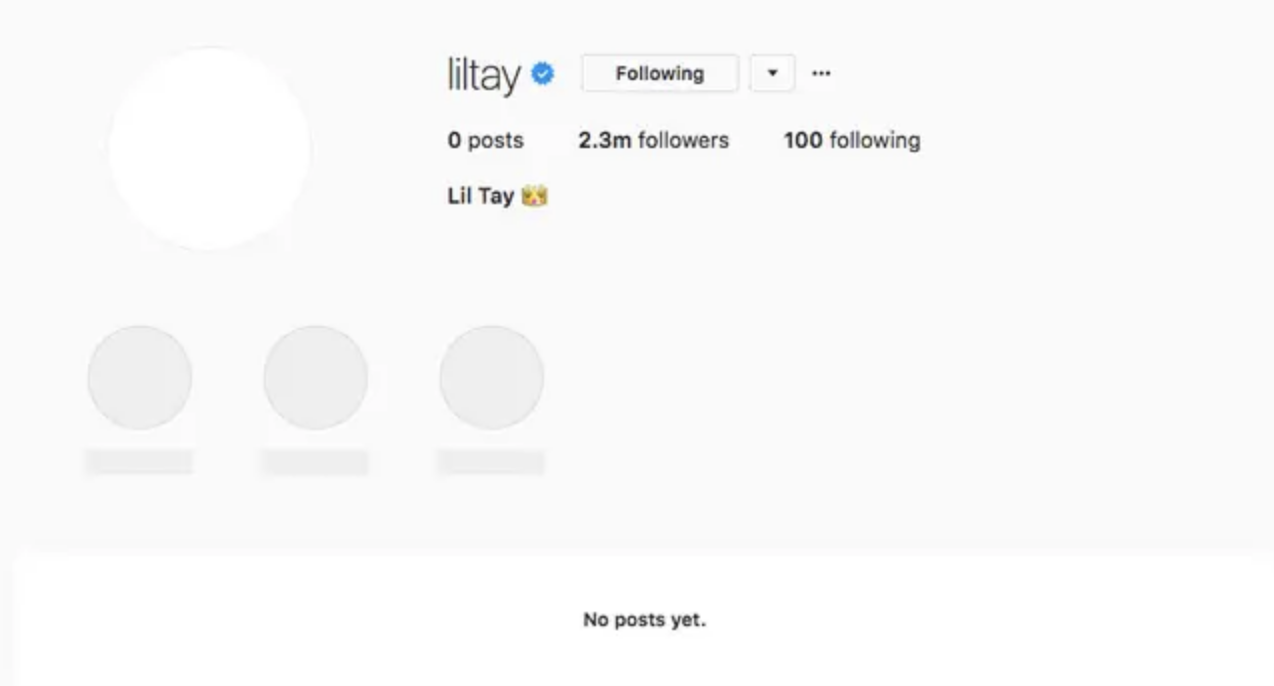 Screenshot of of her IG with no posts