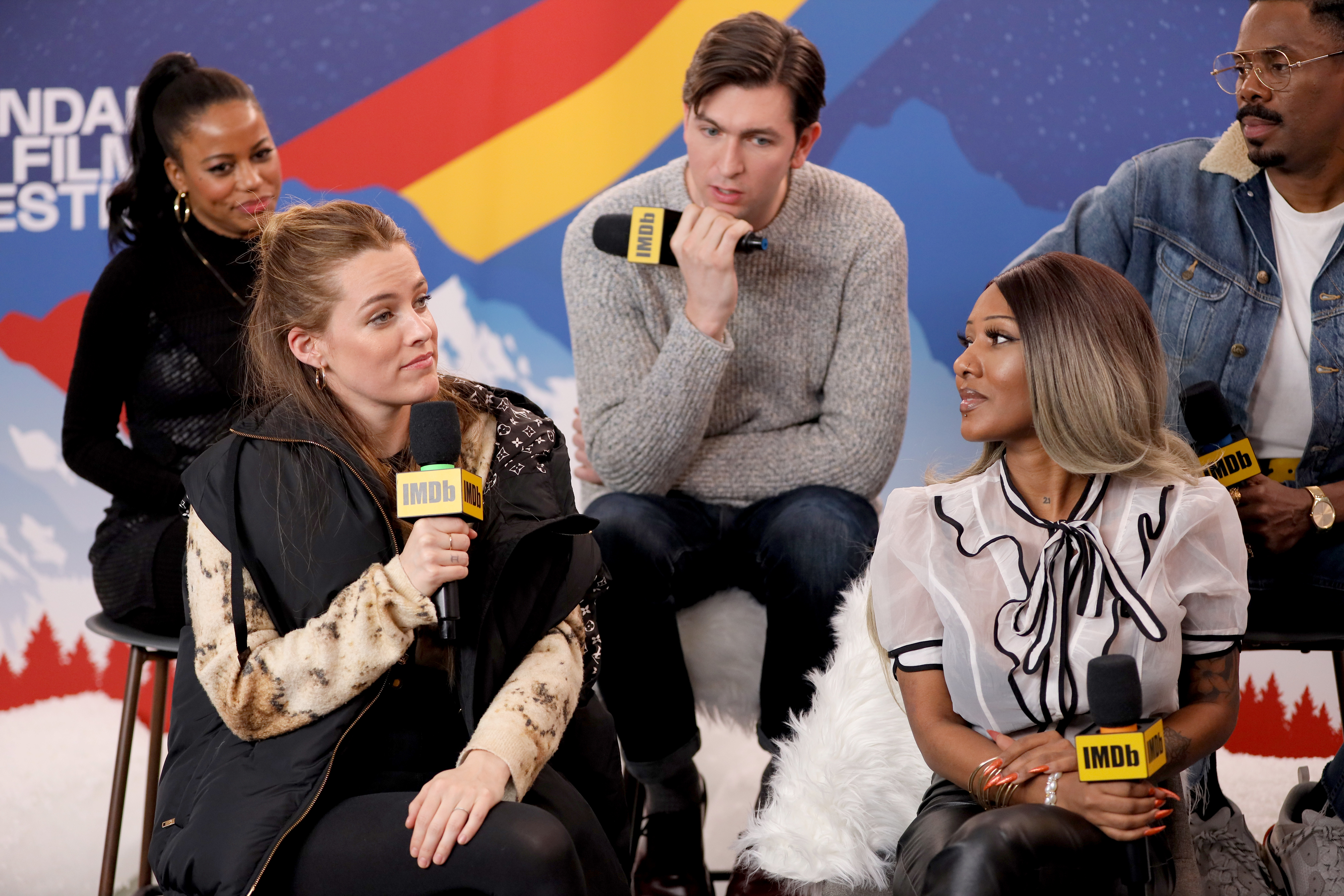 Cast members of Zola being interviewed