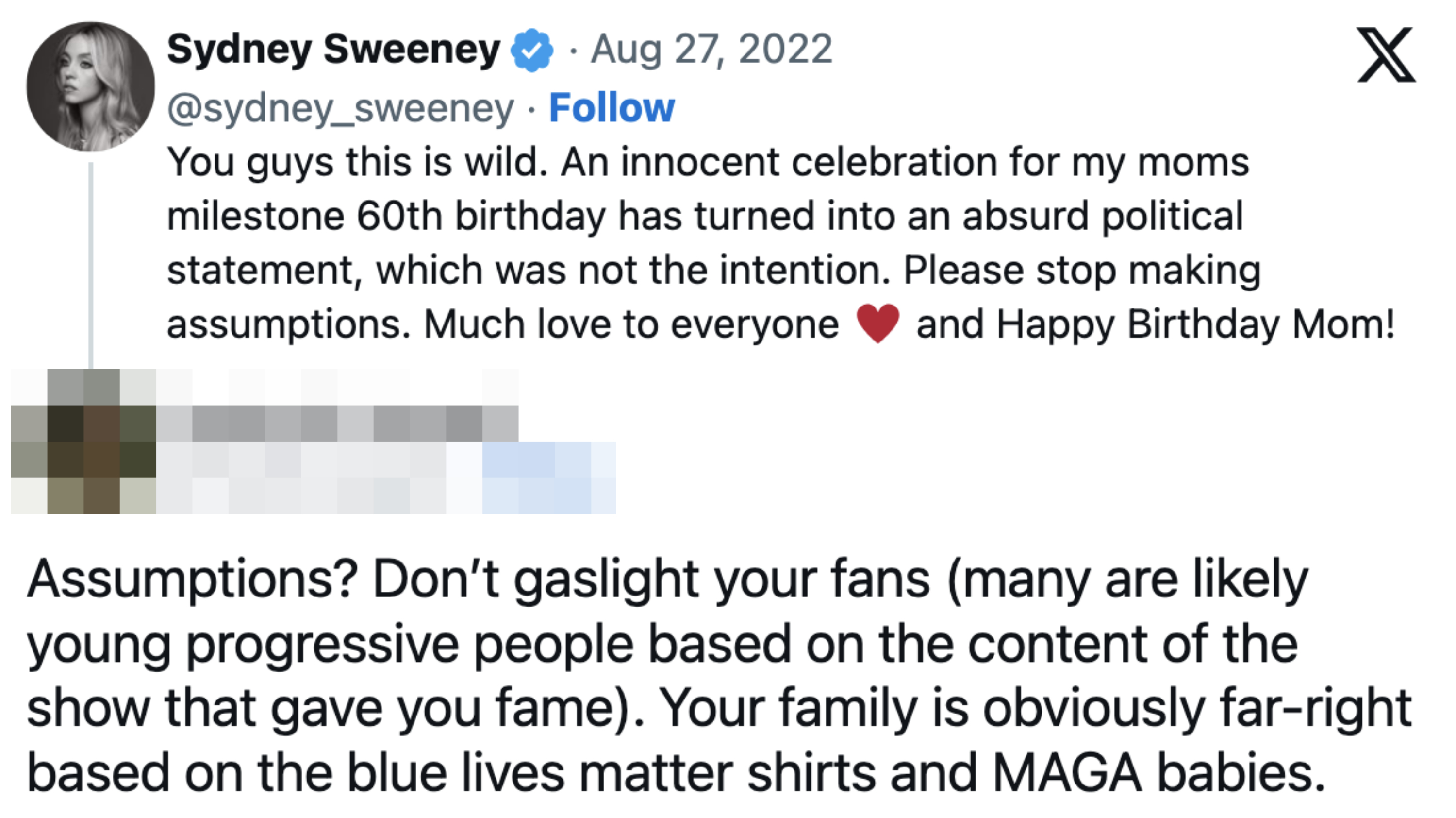 Screenshot of comment, including &quot;Don&#x27;t gaslight your fans ... your family is obviously far-right based on the blues lives matter shirts and MAGA babies&quot;