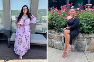 on left: reviewer wearing purple long-sleeve wrap-front maxi dress with floral print. on right: reviewer wearing black one-shoulder dress with side-slit